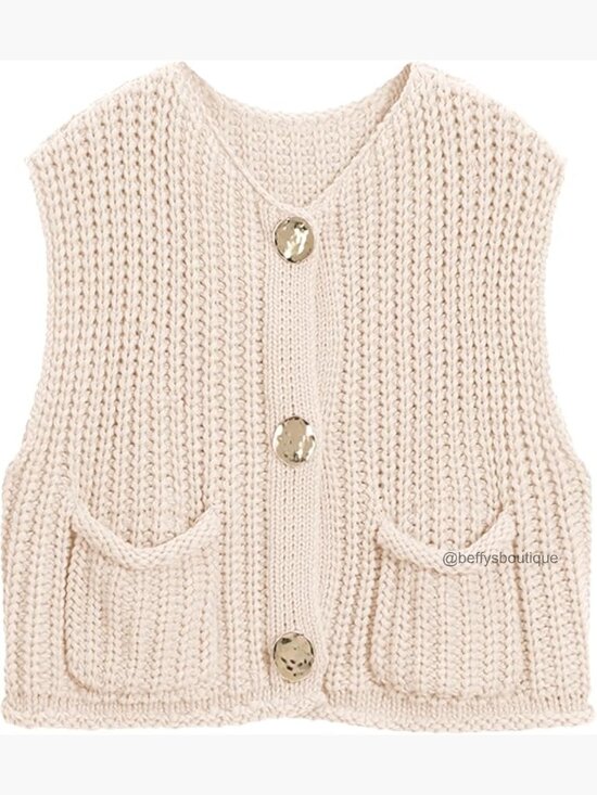 Sweaters - Crochet Chunky Knit Sleeveless Button Down Cardigan Vest Crop Top with Pockets